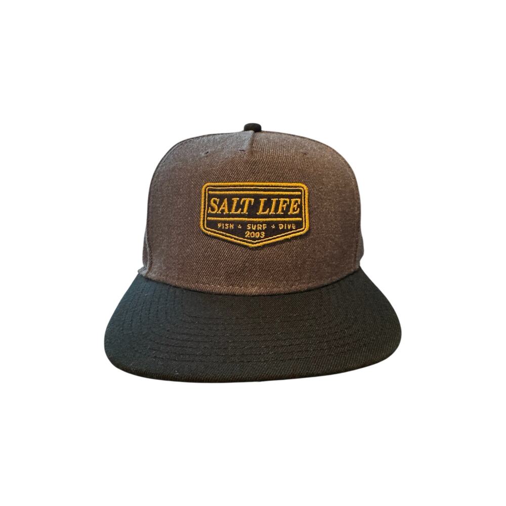 Salt Life Snapback Hat Brown Black Patch Cap Adjustable Fish Surf Dive 2003 Logo